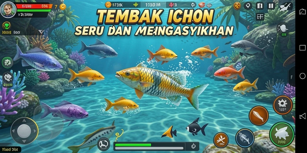 Gameplay seru dalam 73K dengan berbagai ikan dan senjata.