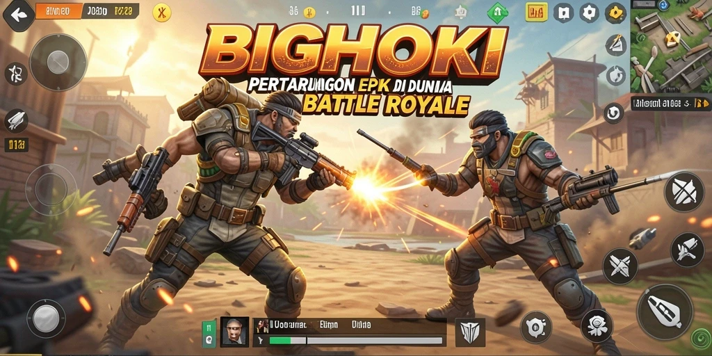 Tangkapan layar gameplay BIGHOKI yang menampilkan pertempuran epik di arena.