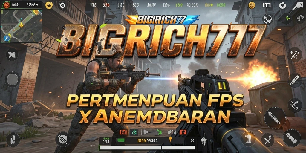 Tampilan gameplay utama dari BIGRICH77 yang menunjukkan aksi FPS seru.