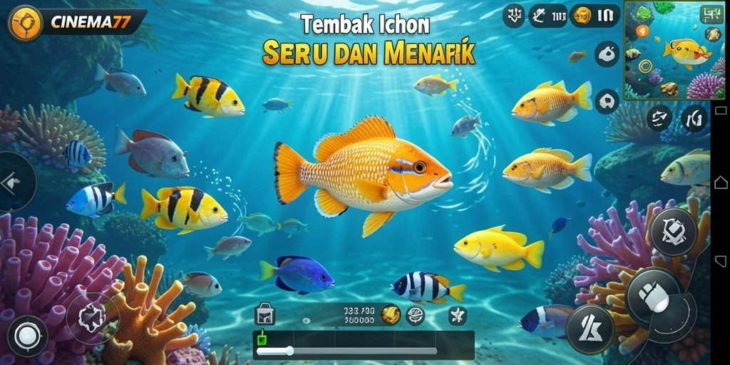 Screenshot CINEMA77 menunjukkan aksi menembak ikan yang seru.