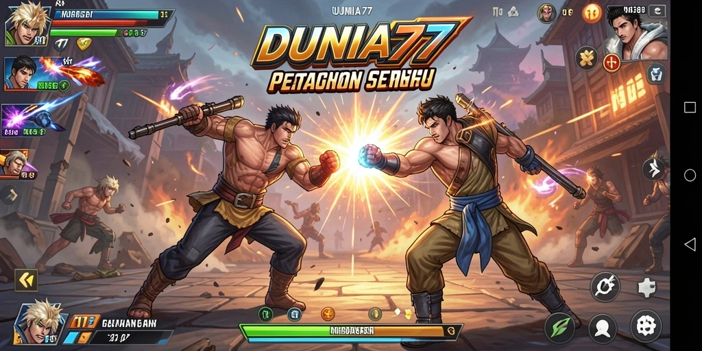 Tampilan screenshot DUNIA77 menampilkan aksi pertarungan yang intens.