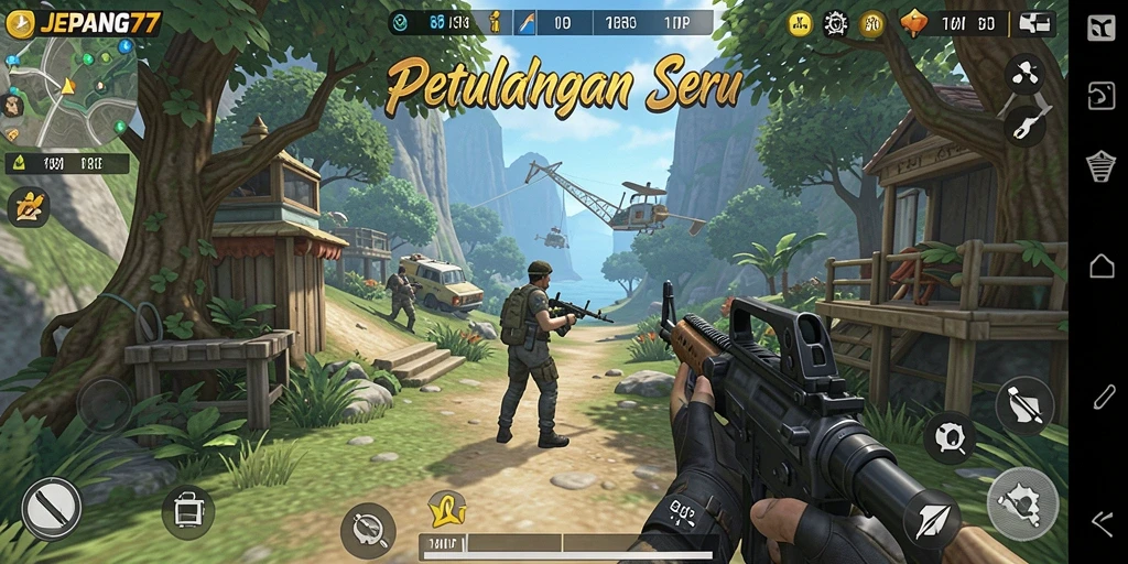 Screenshot gameplay JEPANG77 menunjukkan aksi seru dalam pertempuran TPS.
