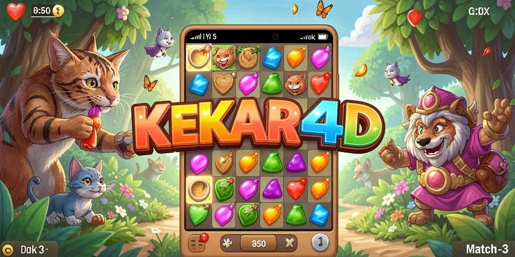 Screenshot KEKAR4D menampilkan gameplay Match-3 yang seru dan penuh warna.