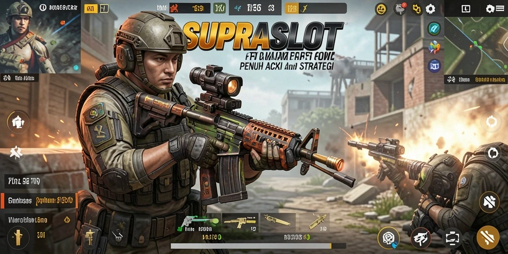 Tampilan gameplay mendebarkan di SUPRASLOT, menampilkan aksi tembak-menembak yang intens.