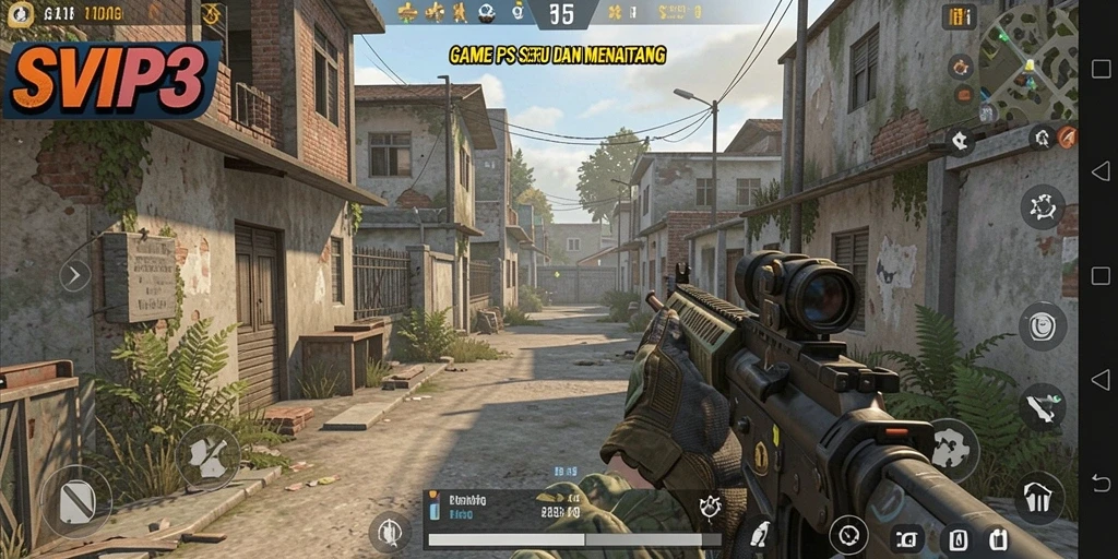 Screenshot gameplay SVIP3 dengan aksi tembak-menembak seru.