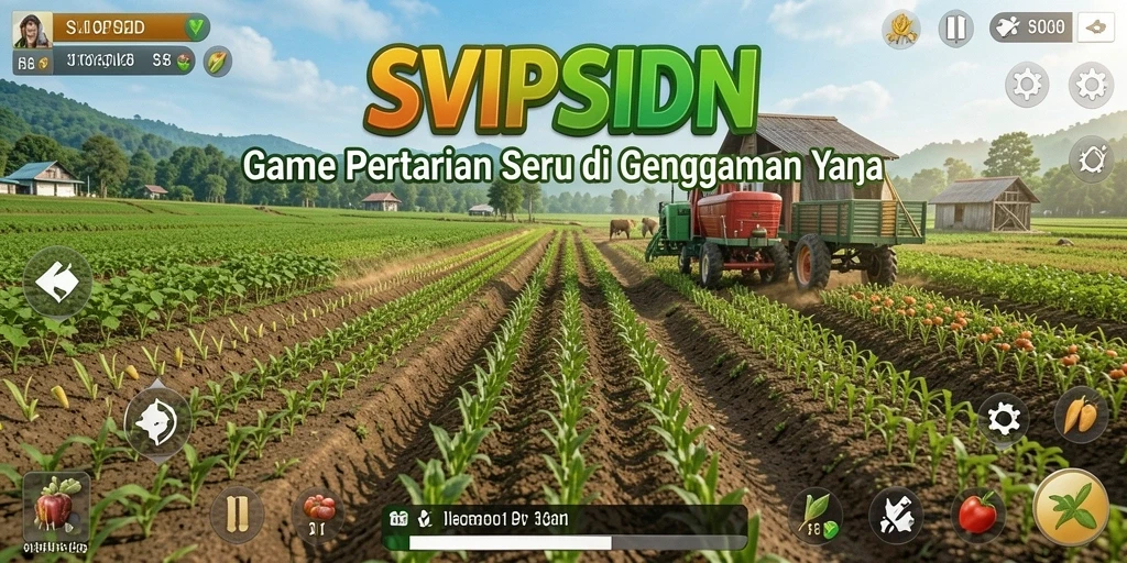 Screenshot gameplay SVIPSIDN yang menunjukkan ladang hijau penuh tanaman.